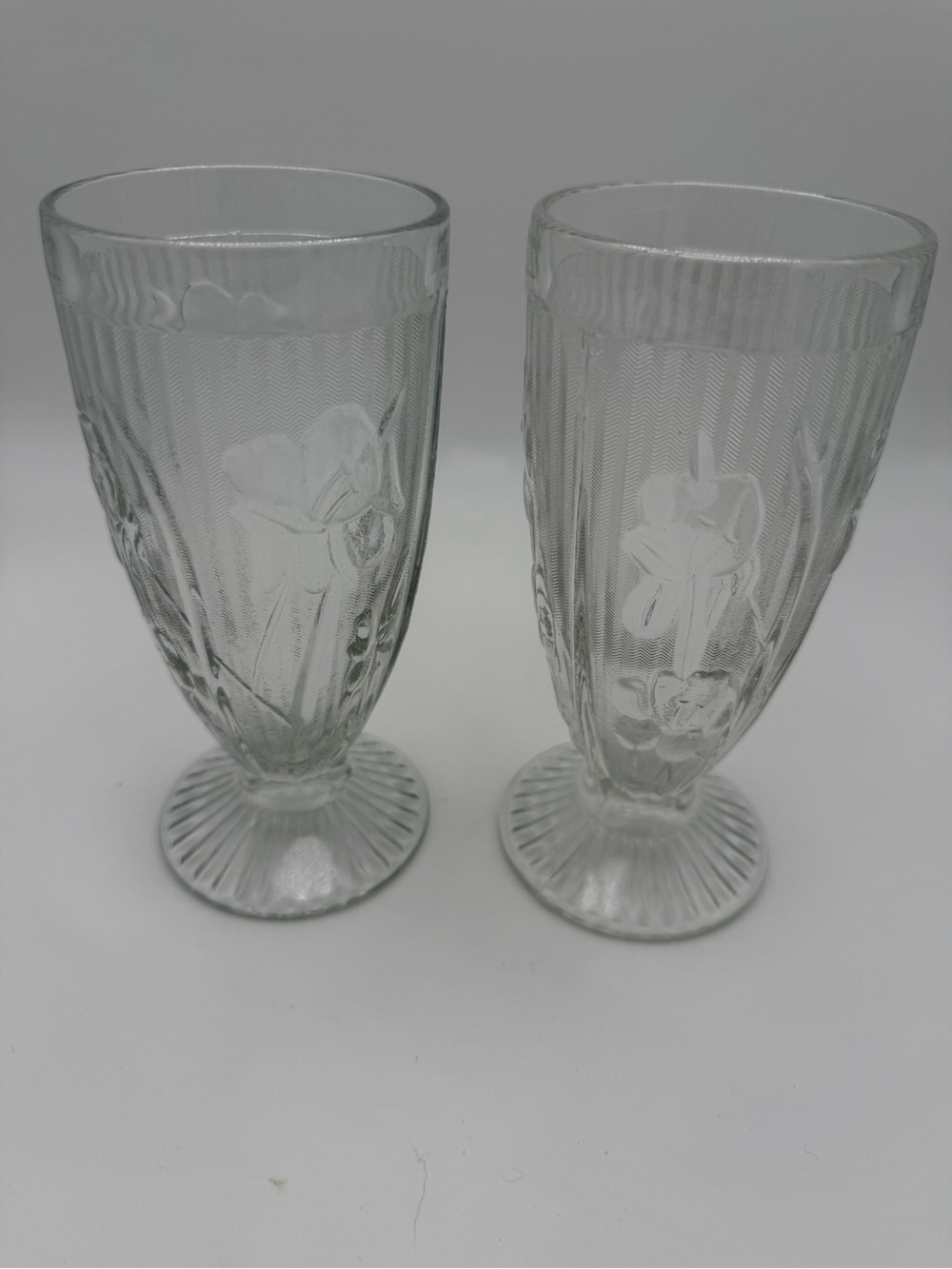 1928-1932 Vintage Iris & Herringbone Clear Etched Floral Glass Goblet Pair